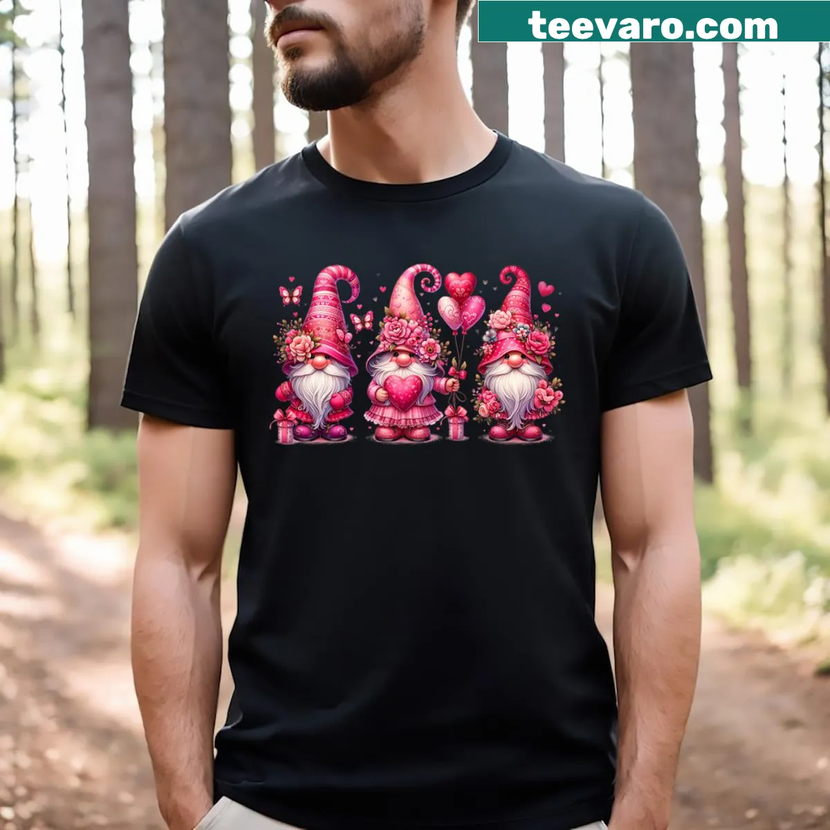 Adorable pink gnome graphic holding hearts for Valentine's Day — on a men's t-shirt