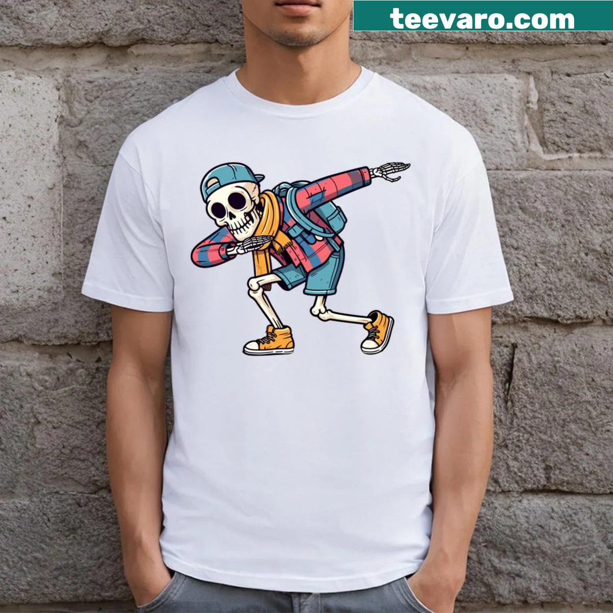Cartoon Preppy Skeleton t-shirt showing a skeleton dabbing — on a men's t-shirt