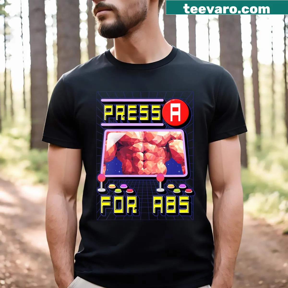 Funny gamer V-neck t-shirt with 'Press A For Abs' graphic — on a men's t-shirt