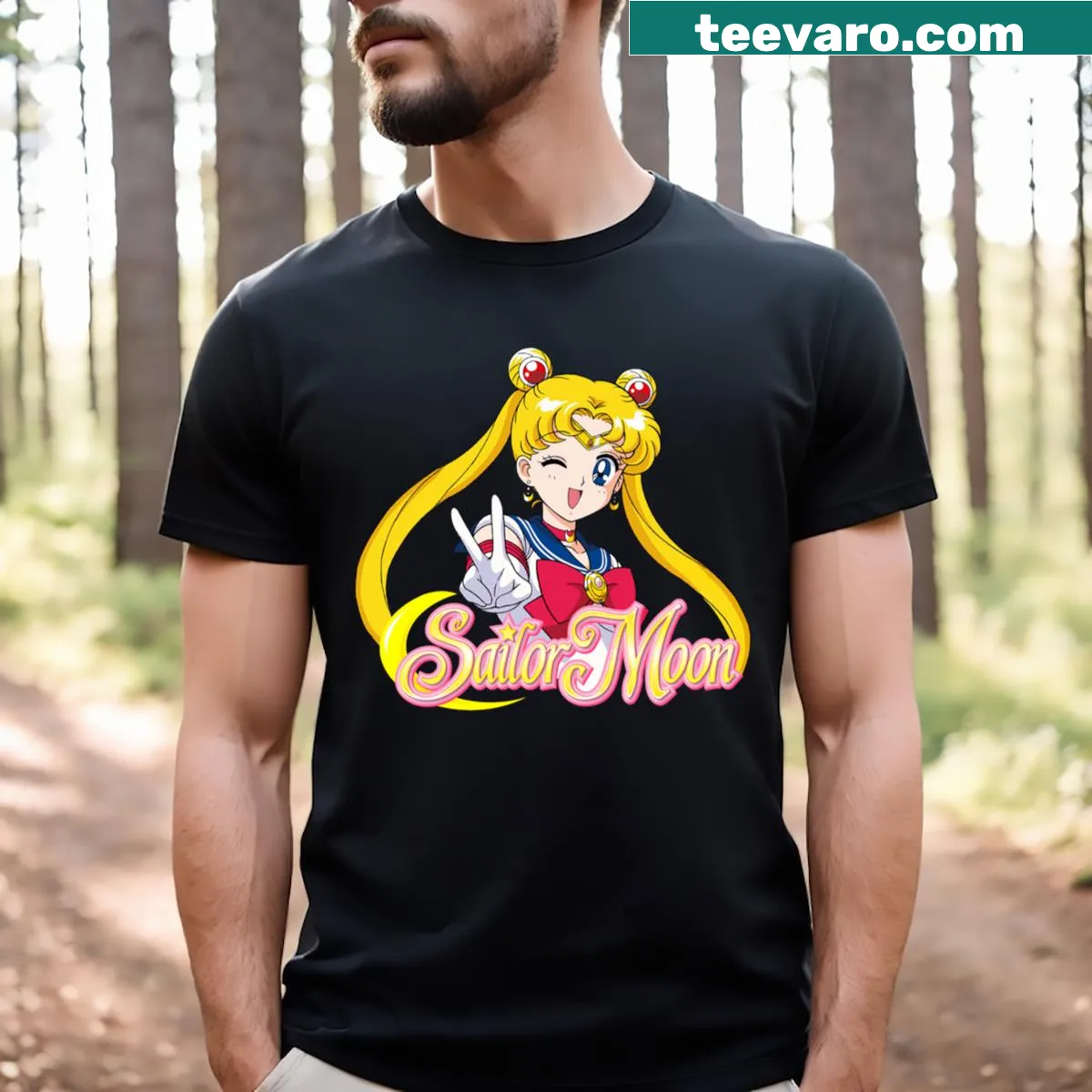 Sailor Moon illustrated T-shirt in pink — on a men's t-shirt