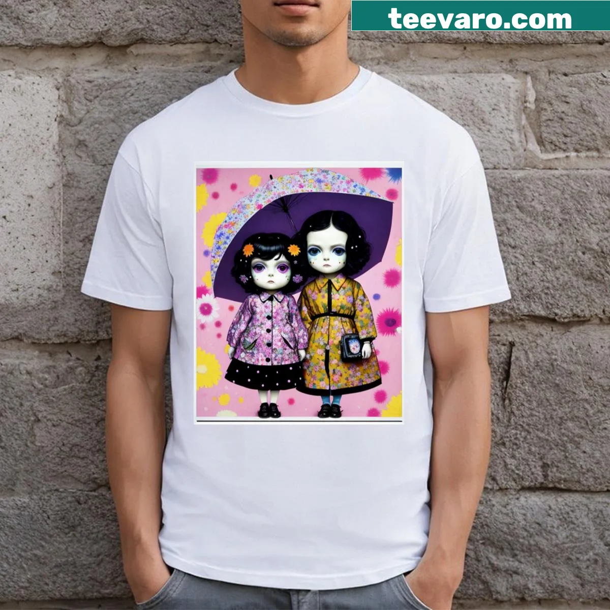 Minimalist typographic T-shirt with 'Raincoat Girls 17' text — on a men's t-shirt