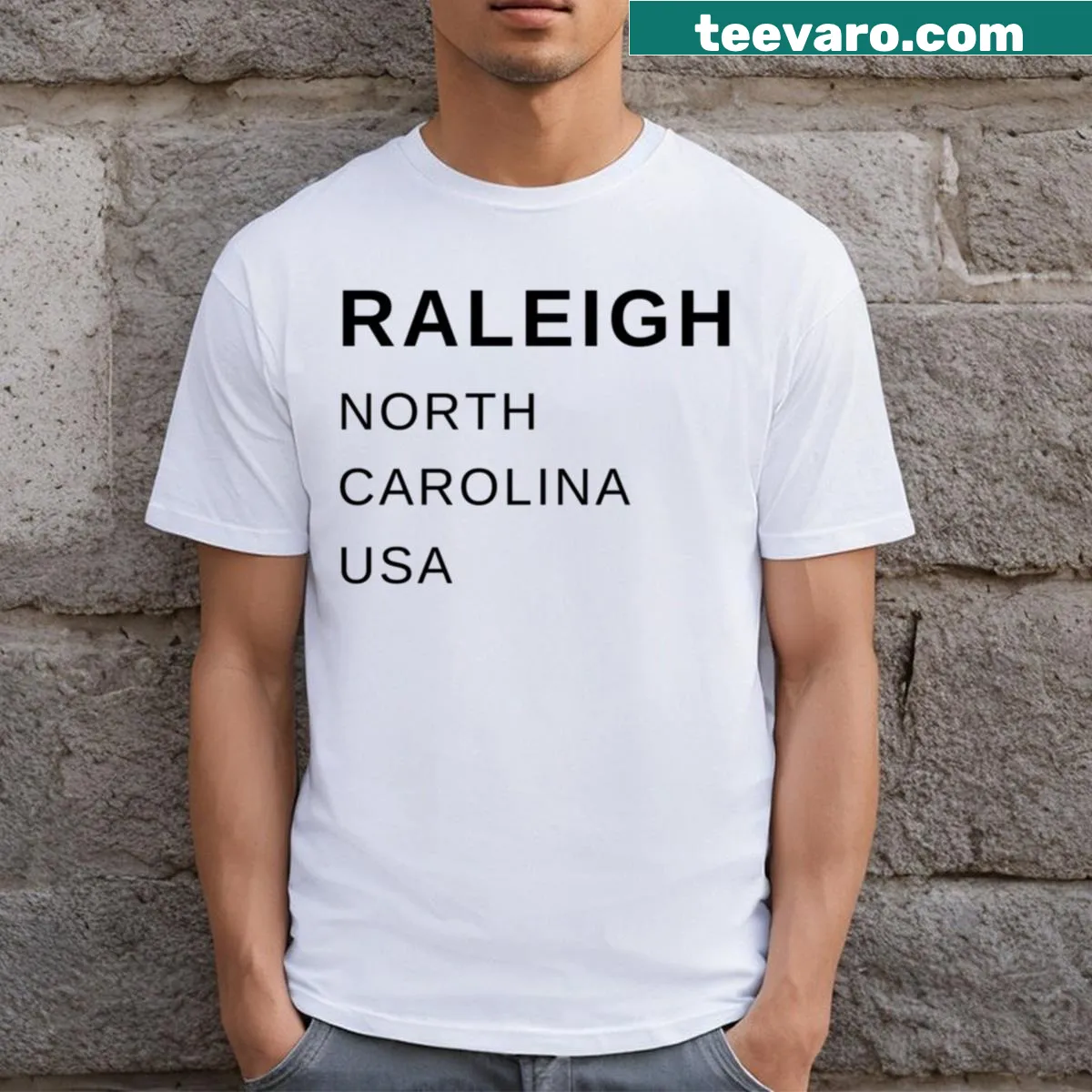 Bold Raleigh t-shirt design featuring city elements — on a men's t-shirt