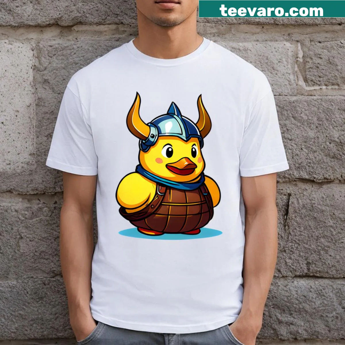 Cartoon Viking rubber duck graphic on a t-shirt — on a men's t-shirt
