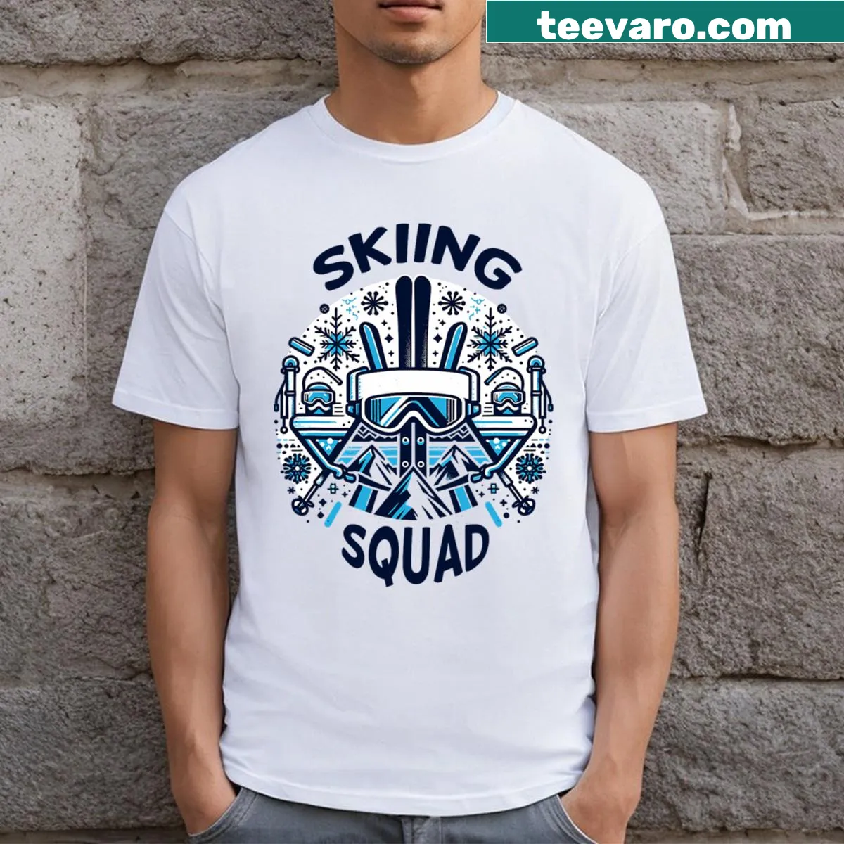 Skiing-themed T-shirt with 'Skiing Squad' text for snow adventurers — on a men's t-shirt
