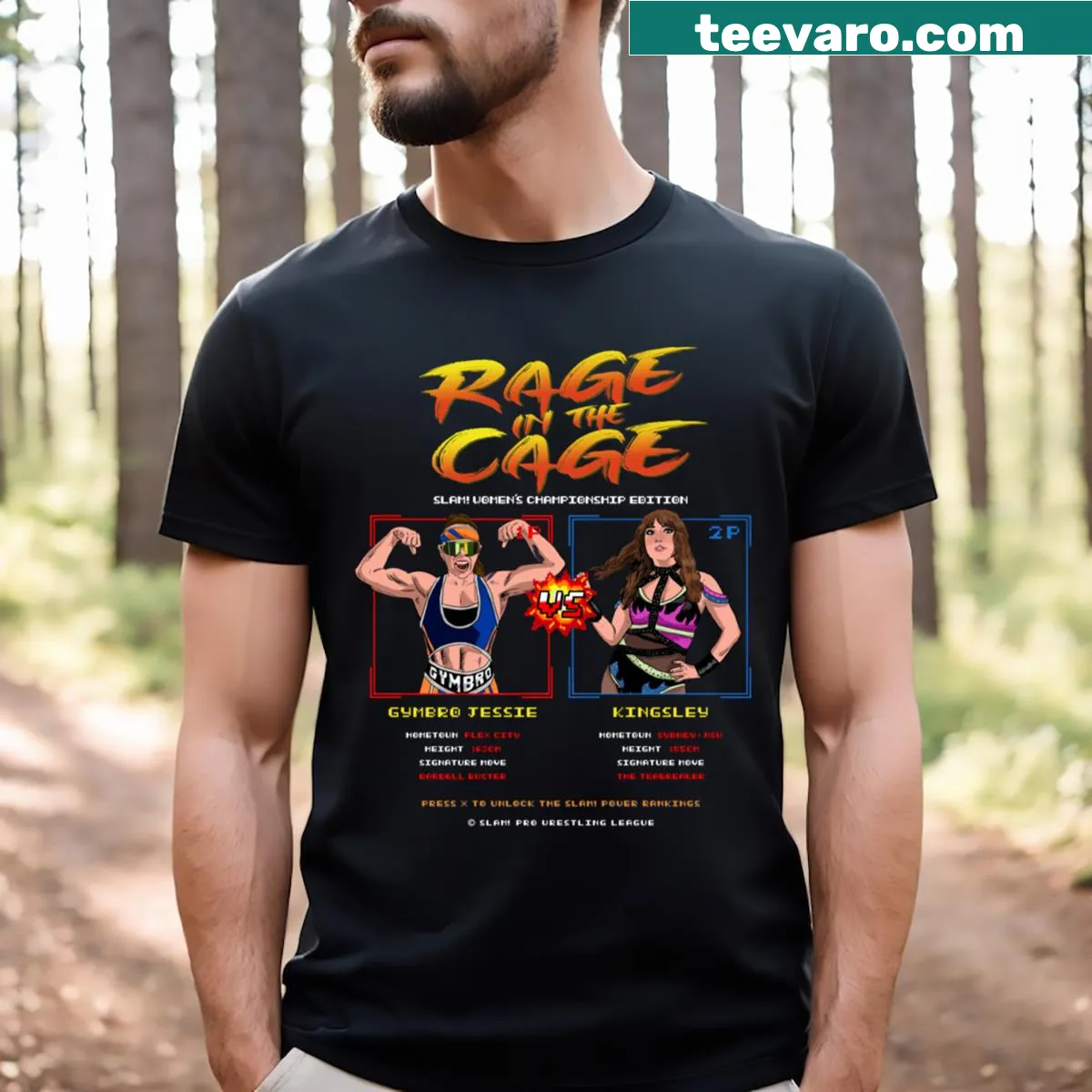 T-shirt featuring Kingsley vs Gymbro Jessie pro wrestling graphic. — on a men's t-shirt