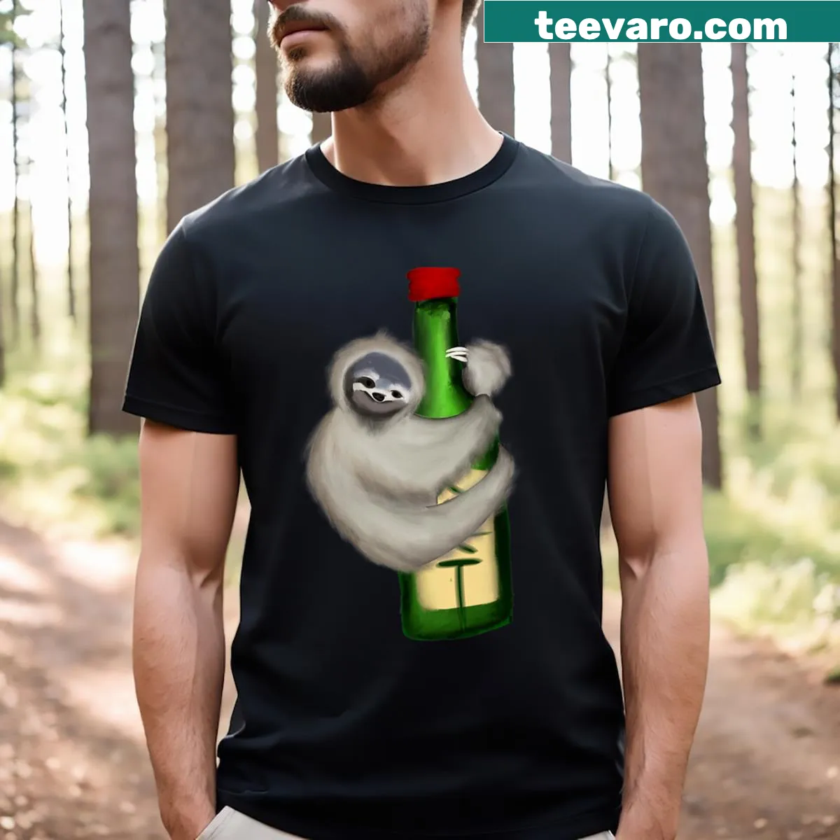 Playful illustration of a sloth climbing a Soju bottle — on a men's t-shirt