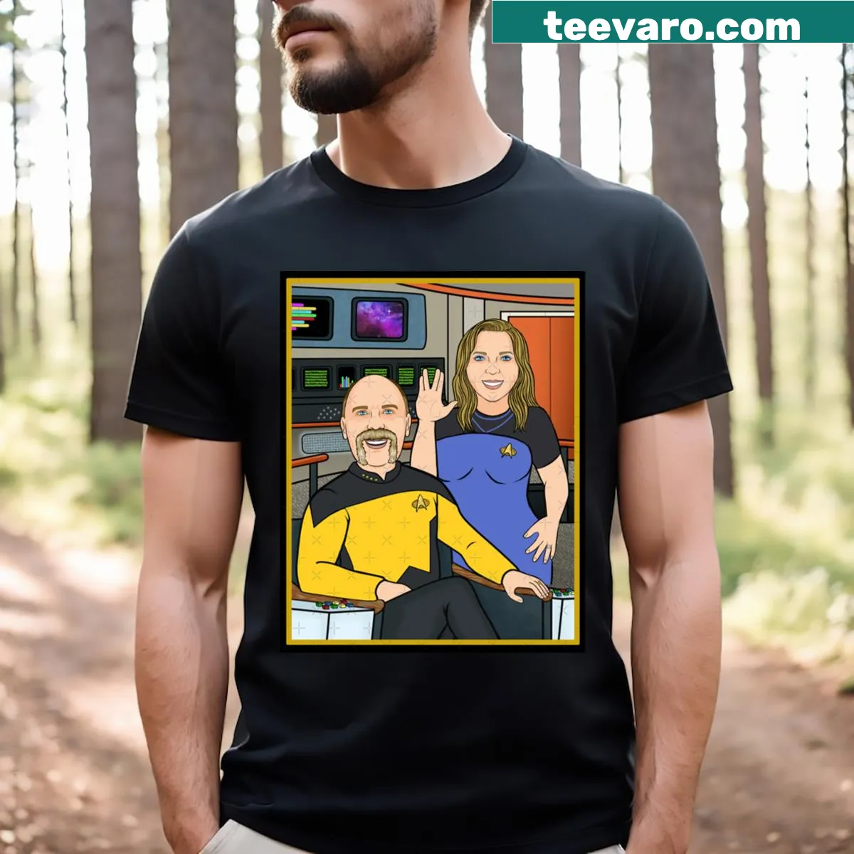 Illustration of a family traveling in space — on a men's t-shirt