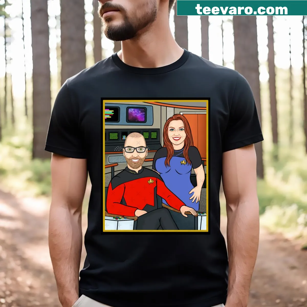 Illustration of a family journeying through space — on a men's t-shirt