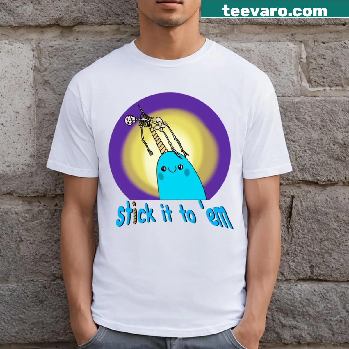 Bold typography t-shirt with the saying 'Stick It To Em' in playful font. — on a men's t-shirt
