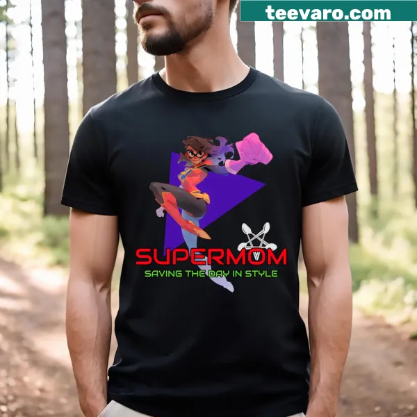 Cartoon superhero mom design on a humorous T-shirt