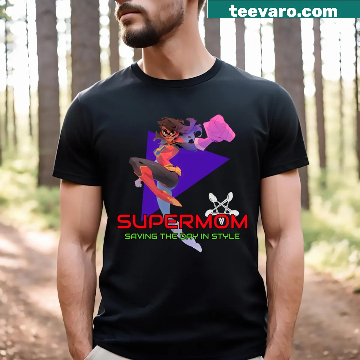 Cartoon superhero mom design on a humorous T-shirt — on a men's t-shirt
