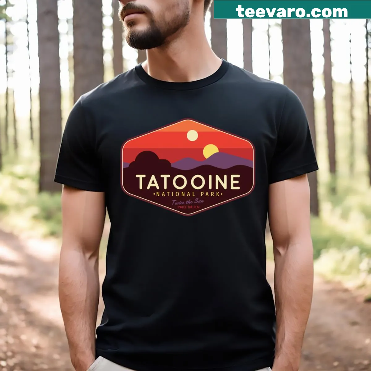 Humorous T-shirt featuring Tatooine National Park graphic — on a men's t-shirt