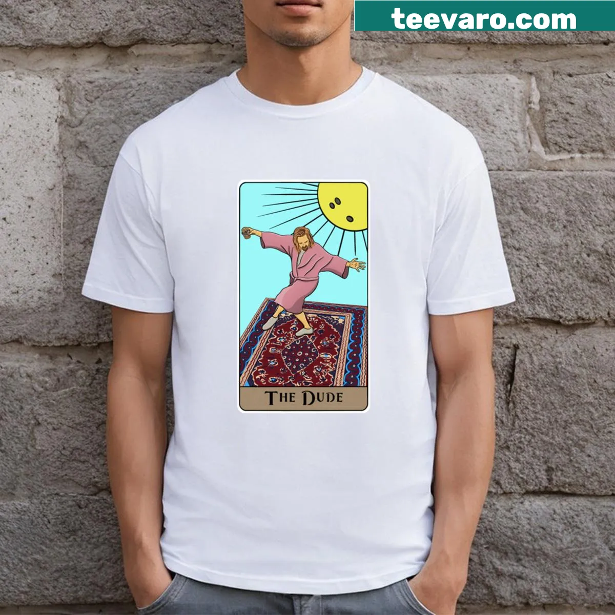 T-shirt featuring The Dude tarot symbolism in a whimsical design — on a men's t-shirt