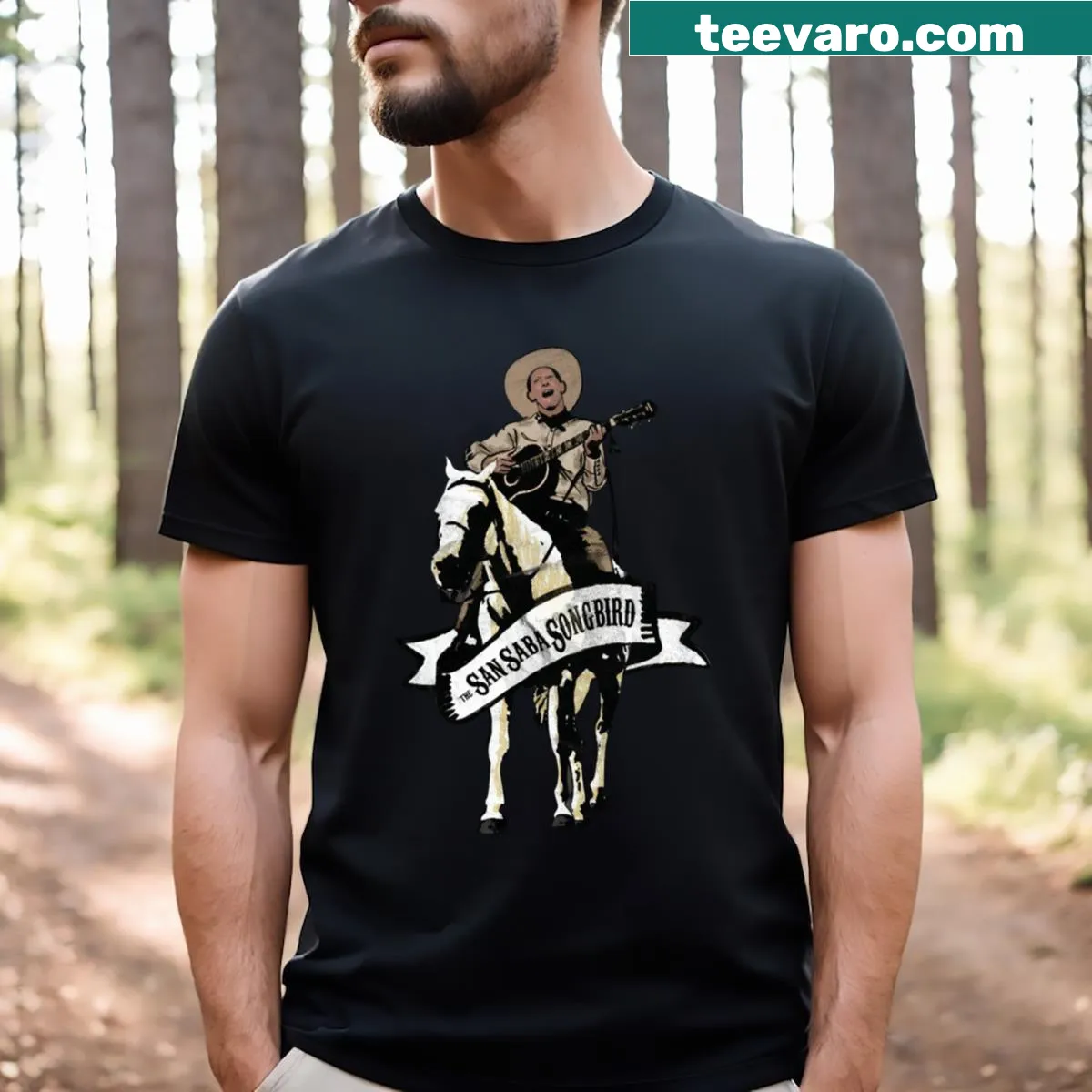 Charming cartoon graphic t-shirt inspired by 'The Ballad of Buster Scruggs' — on a men's t-shirt