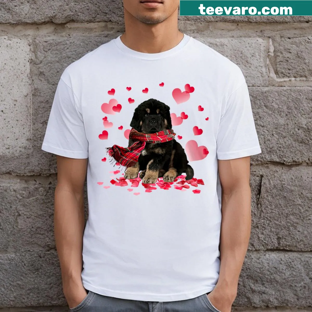 Heart-themed Tibetan Mastiff t-shirt for Valentine's Day — on a men's t-shirt