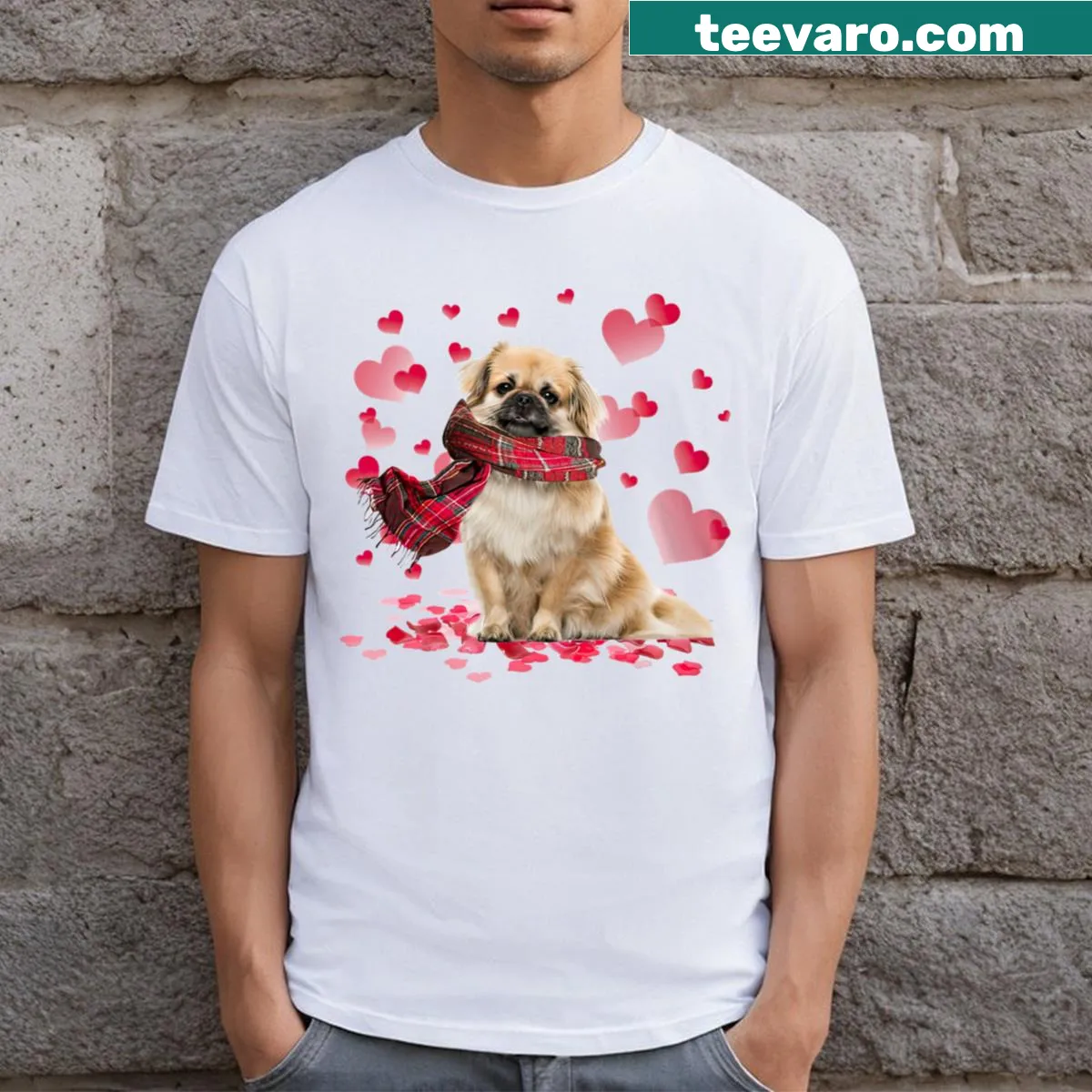Valentine's Day T-shirt featuring a Tibetan Spaniel and hearts — on a men's t-shirt