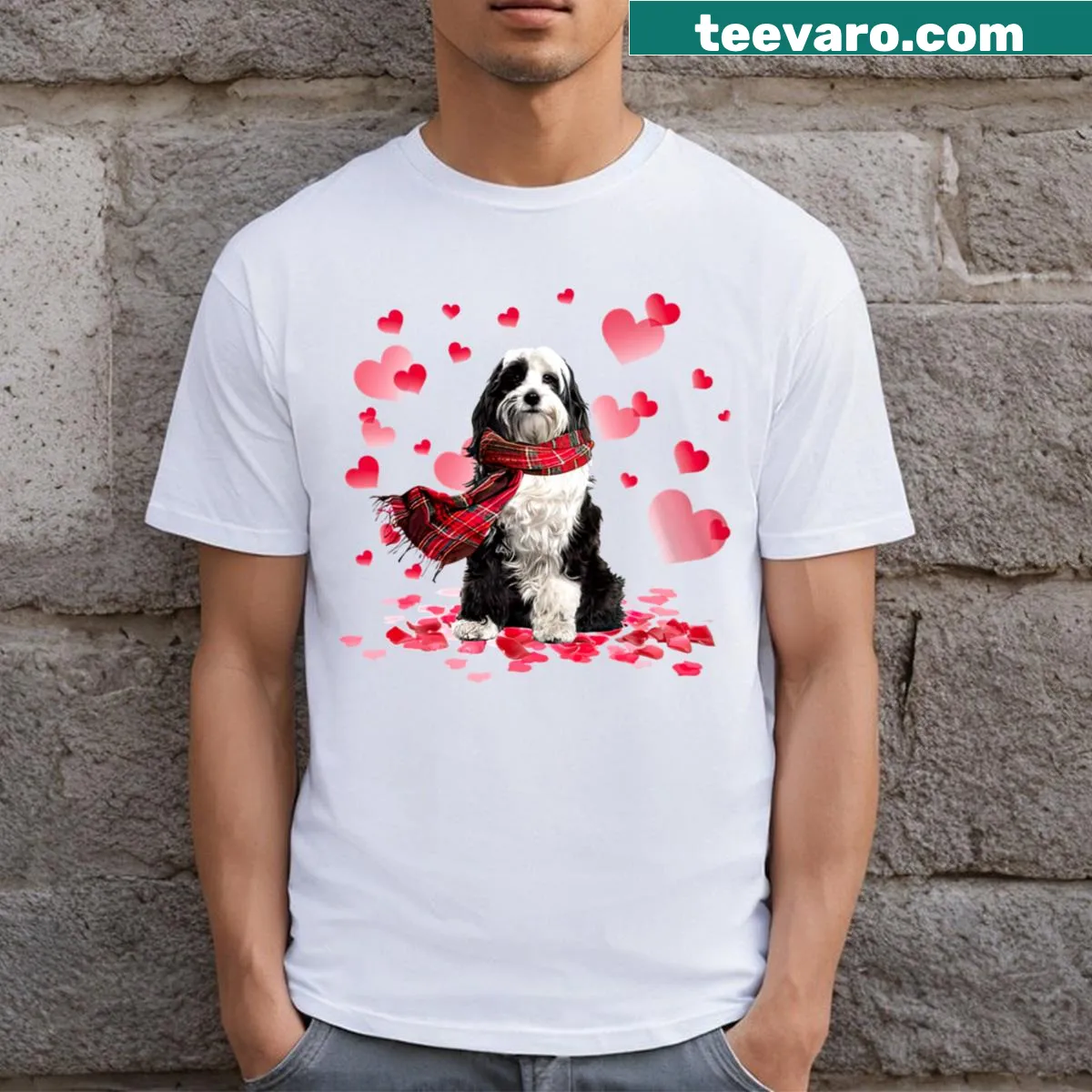 Heart-themed Tibetan Terrier t-shirt for Valentine's Day — on a men's t-shirt