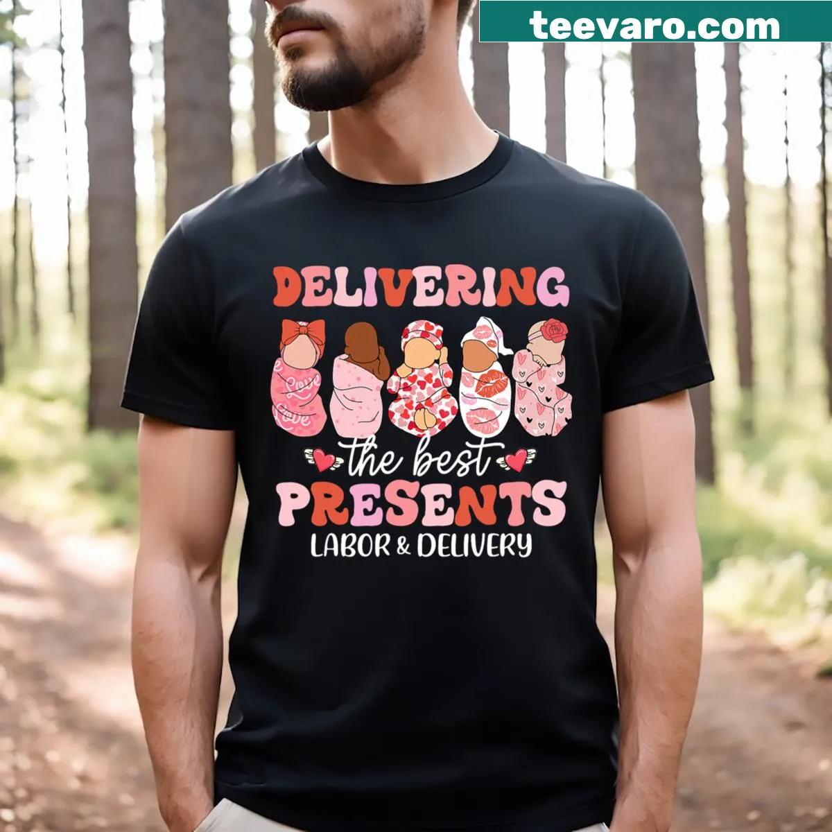 Labor and delivery nurse t-shirt with heartwarming graphics — on a men's t-shirt
