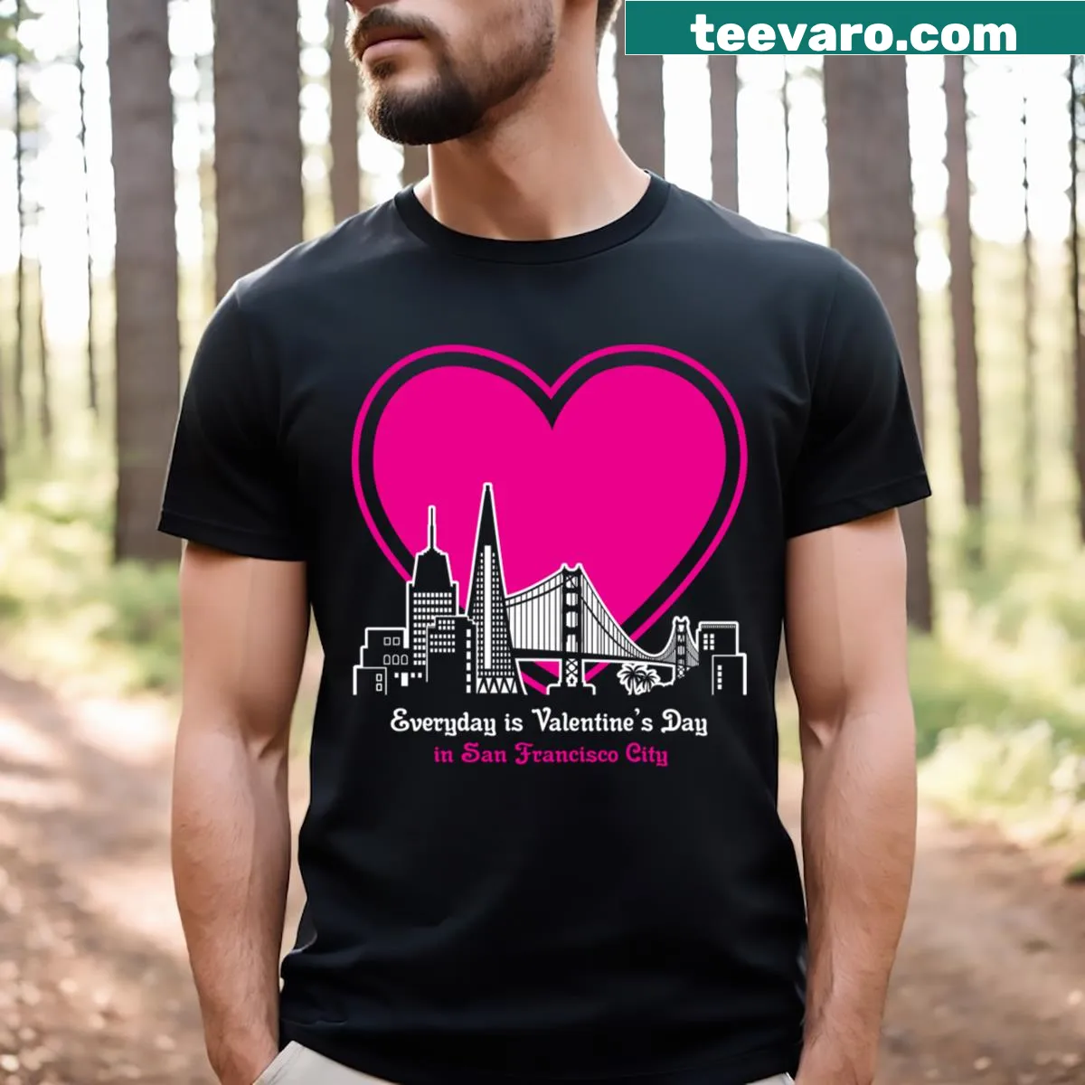 Illustration of San Francisco landmarks for Valentine's Day — on a men's t-shirt