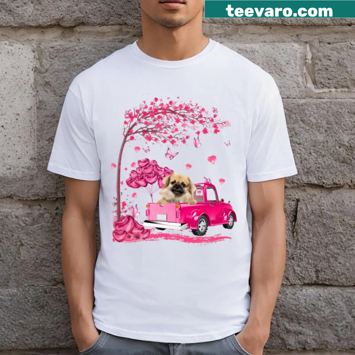 Illustration of a Tibetan Spaniel in a pickup truck with hearts — on a men's t-shirt