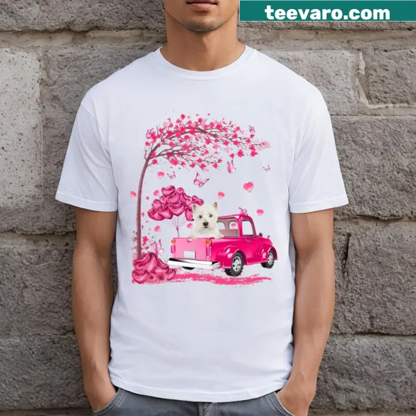 West Highland White Terrier in a pickup truck with hearts design