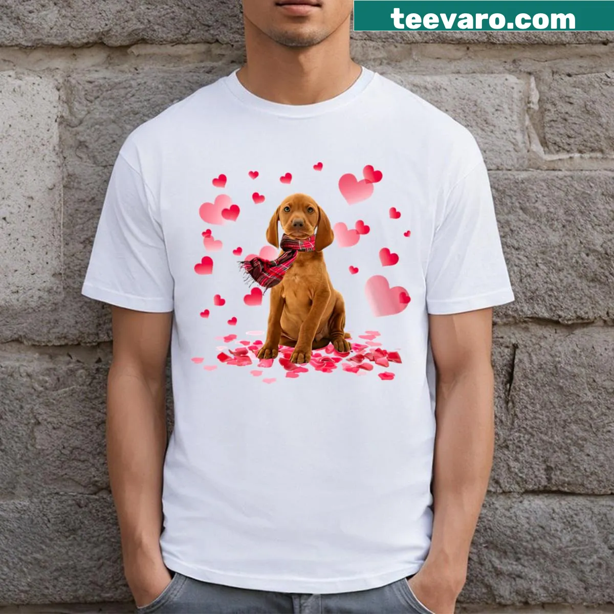 Graphic t-shirt with hearts and a Vizsla dog illustration — on a men's t-shirt