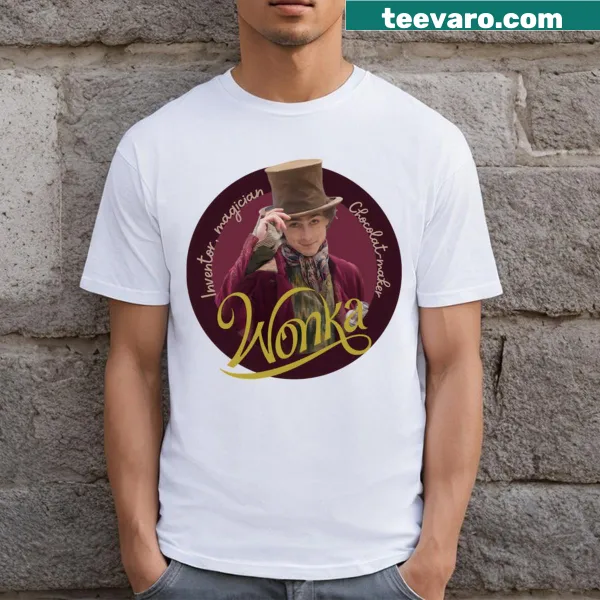 Round T-shirt featuring Willy Wonka's inventor and magician design
