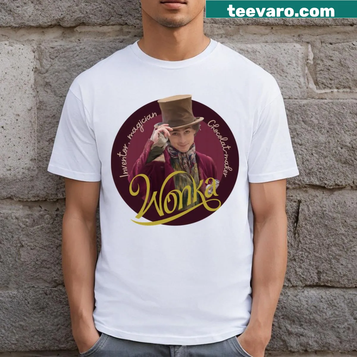 Round T-shirt featuring Willy Wonka's inventor and magician design — on a men's t-shirt