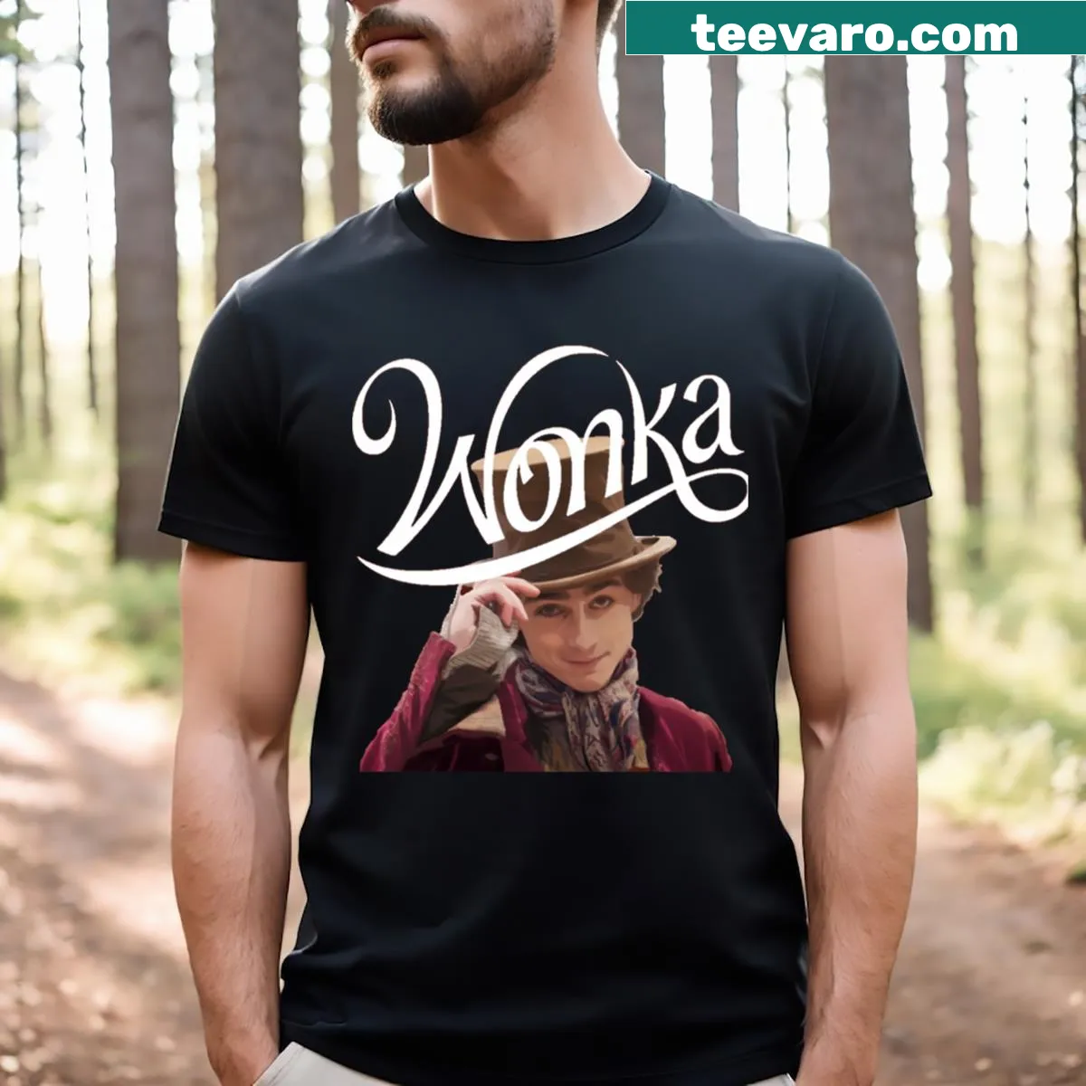Portrait t-shirt featuring Willy Wonka with movie logo — on a men's t-shirt