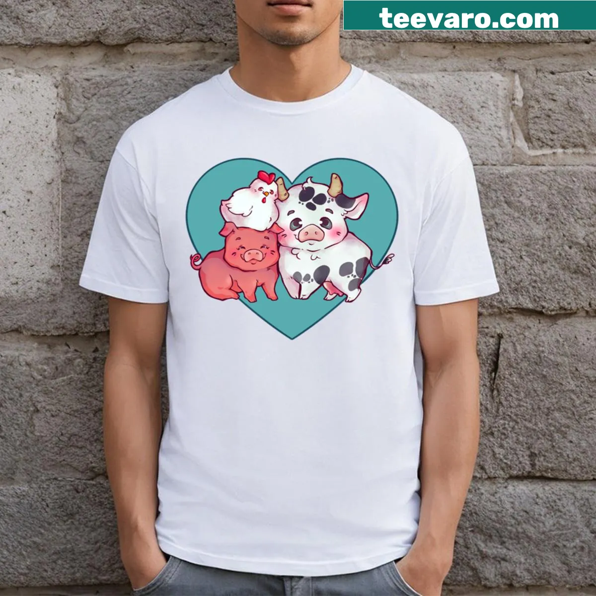 Graphic T-shirt featuring chicken, pig, and cow for food lovers — on a men's t-shirt