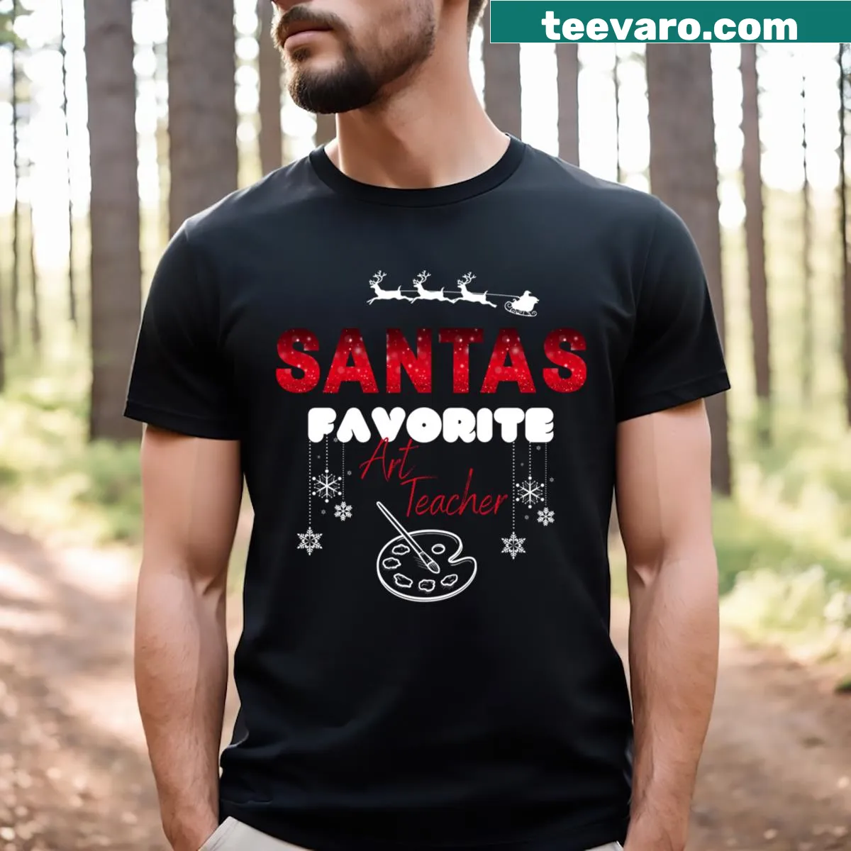 T-shirt with 'Santa's Favorite Art Teacher' text designed for educators during Christmas. — on a men's t-shirt