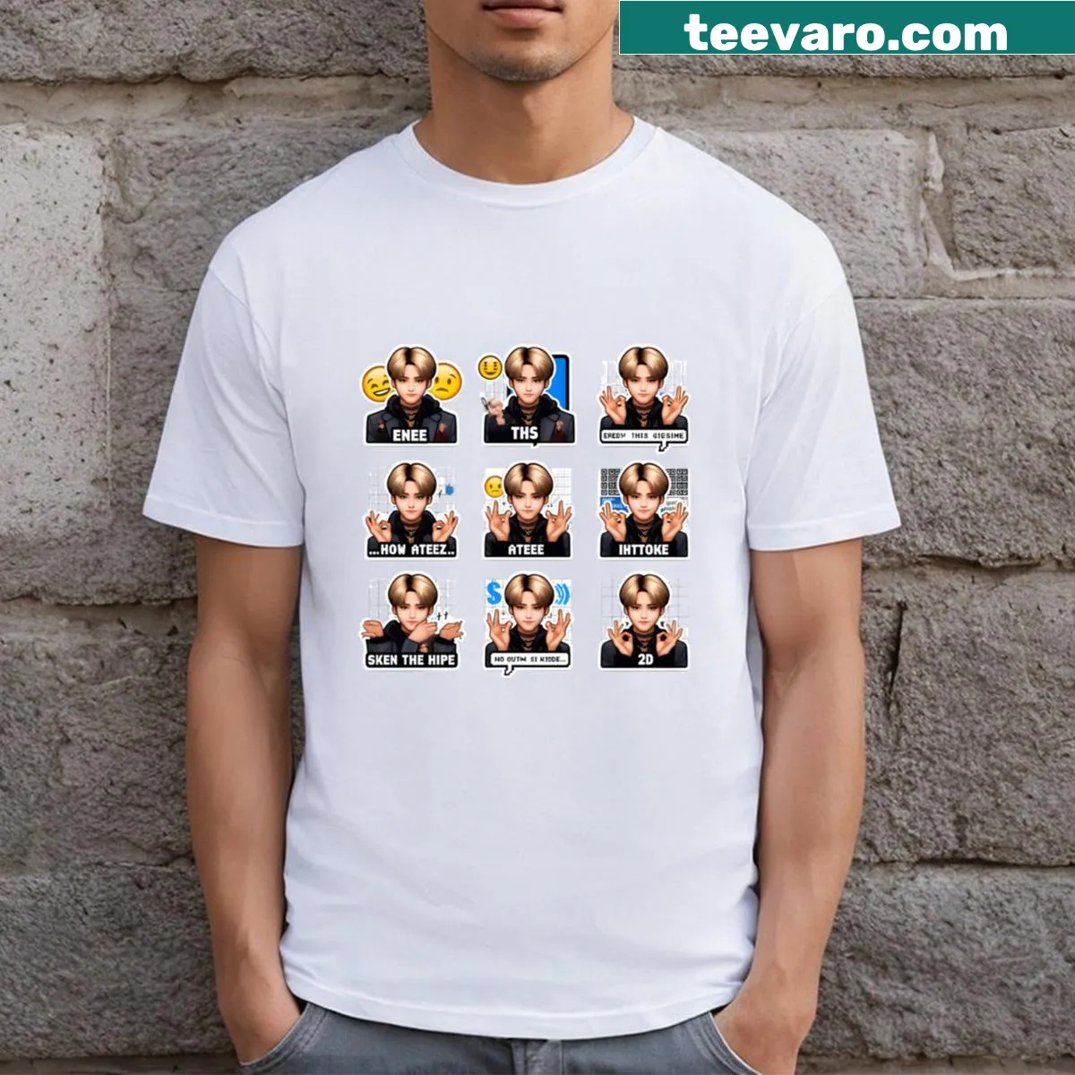 A fun K-pop inspired t-shirt featuring meme graphics related to Ateez. — on a men's t-shirt