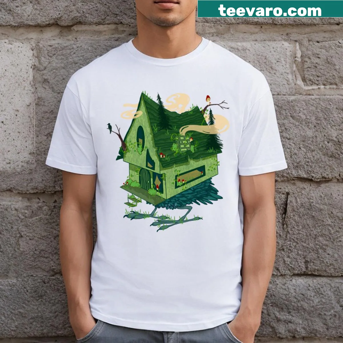 Illustrated T-shirt featuring Baba Yaga's house on chicken legs. — on a men's t-shirt