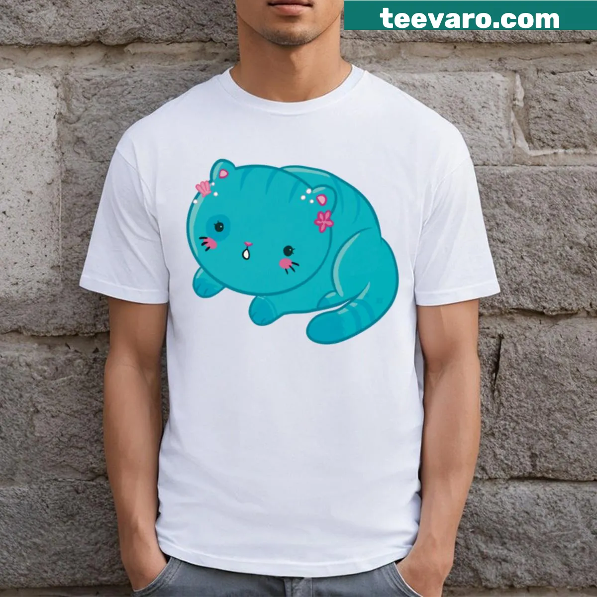 Cute T-shirt featuring a baby kitten with ocean-themed graphics. — on a men's t-shirt