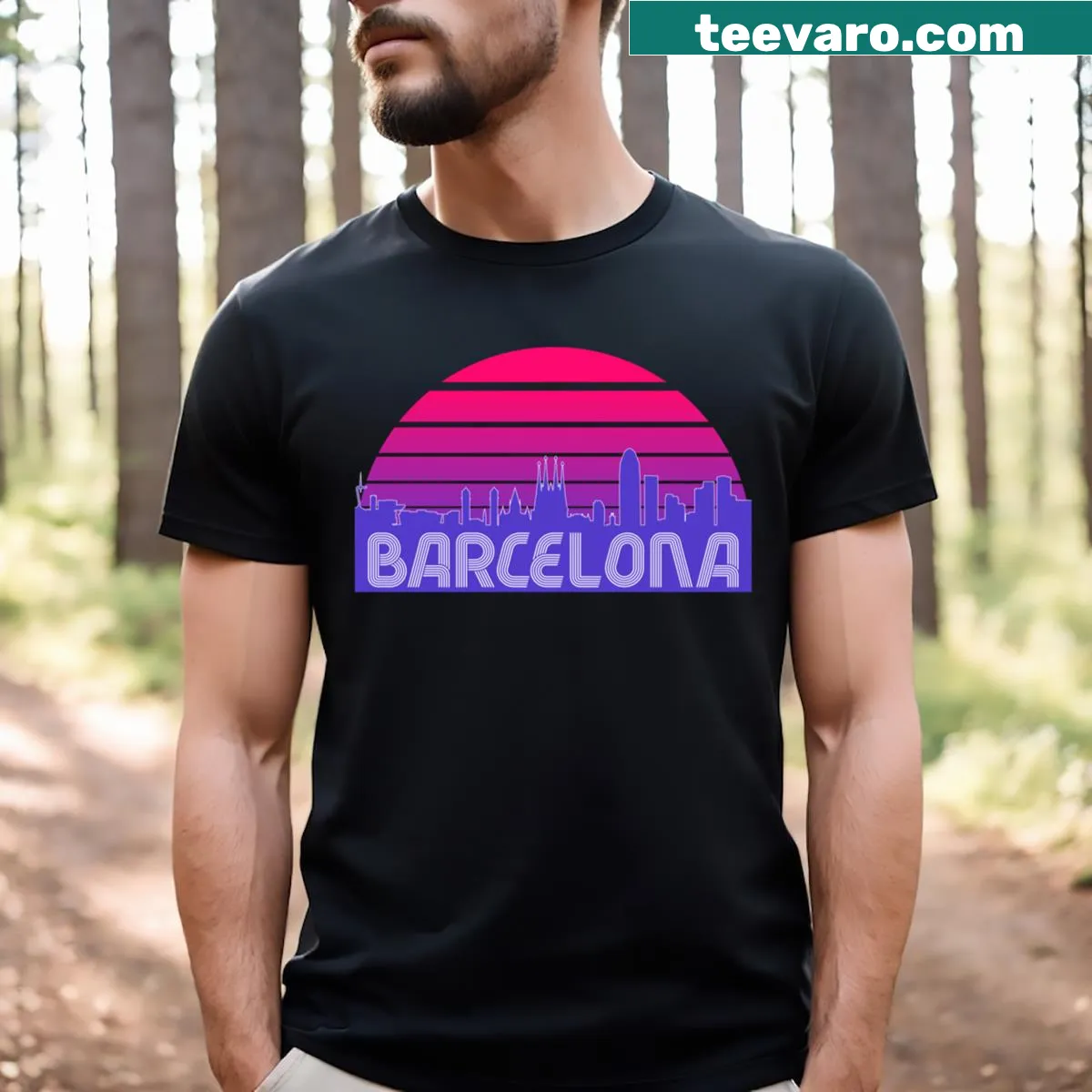 Retro Barcelona sunset skyline silhouette T-shirt with gradient colors. — on a men's t-shirt