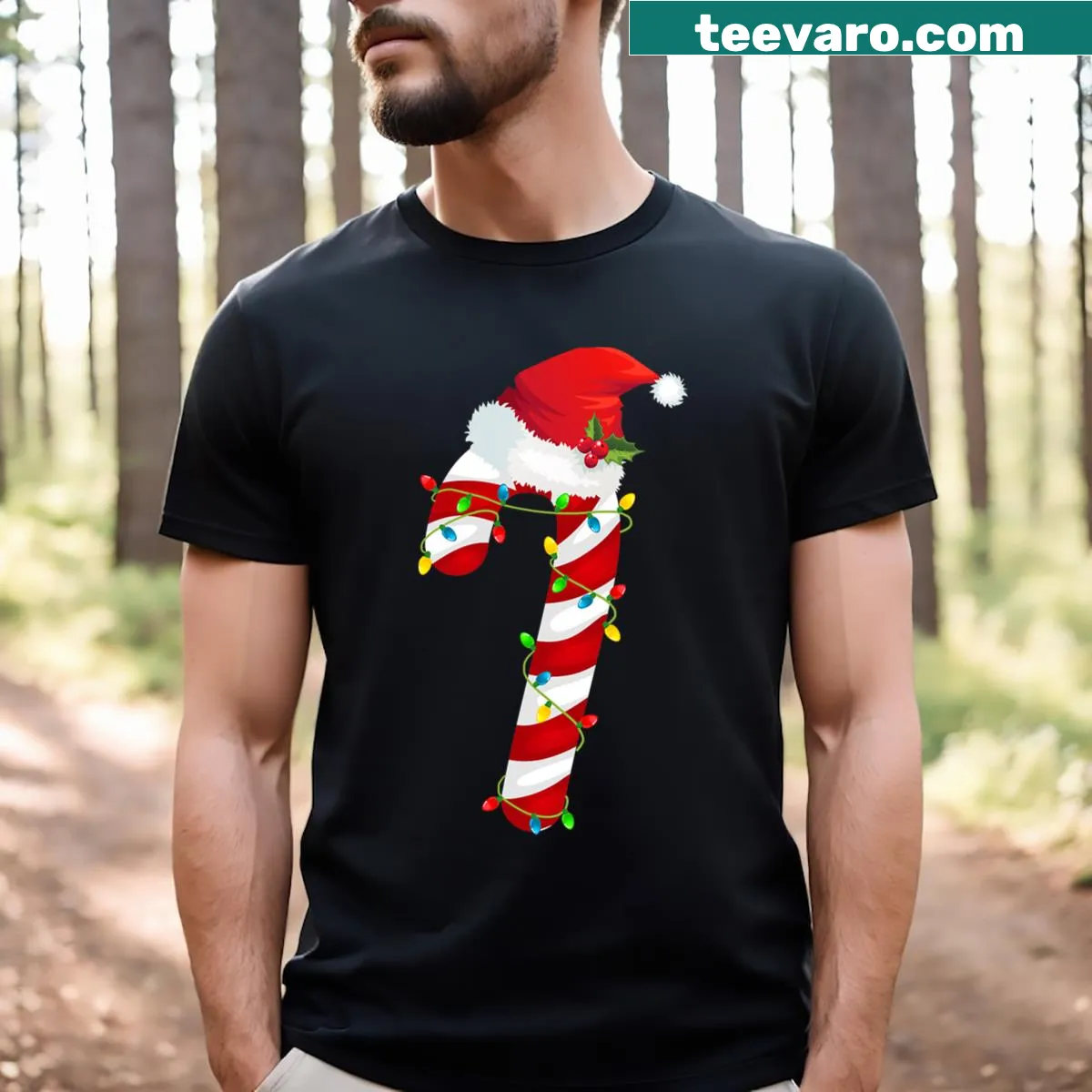 Cute kids T-shirt with candy canes, Christmas lights, and a Santa hat. — on a men's t-shirt