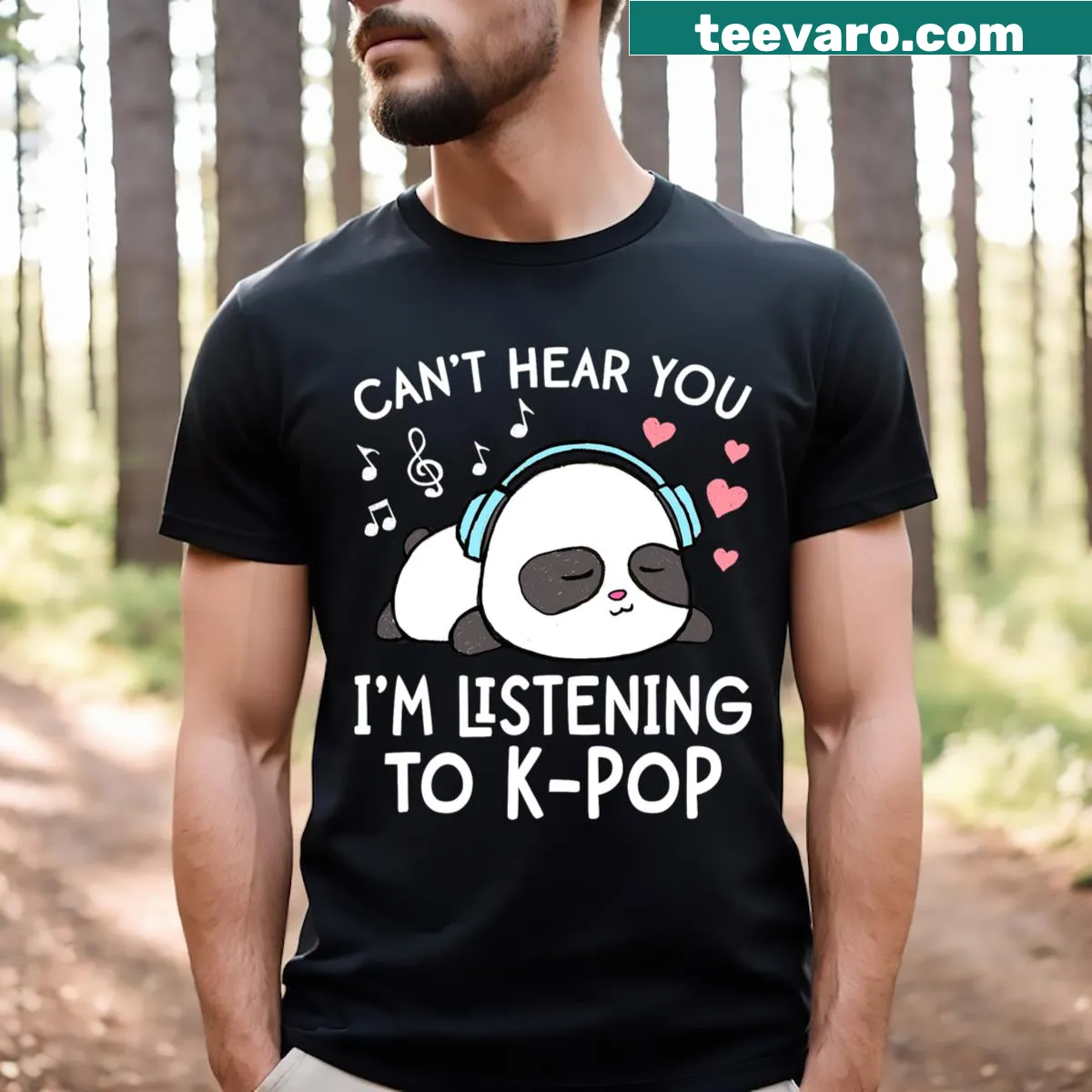 Fun T-shirt featuring a K-pop themed slogan in a playful style. — on a men's t-shirt