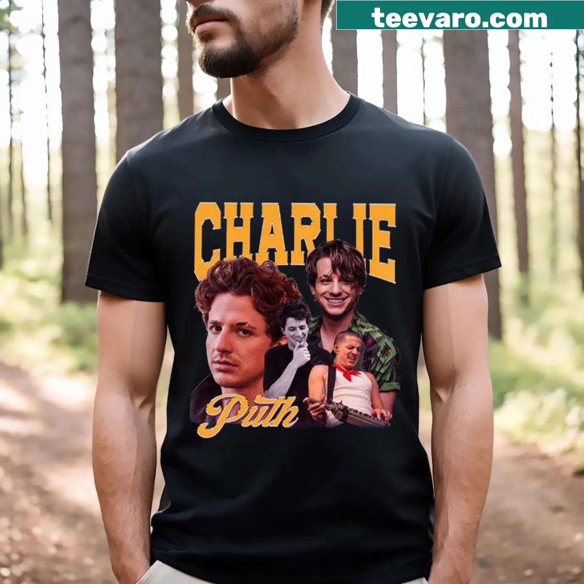 Minimalist T-shirt featuring 'Charlie Puth Essential' text. — on a men's t-shirt