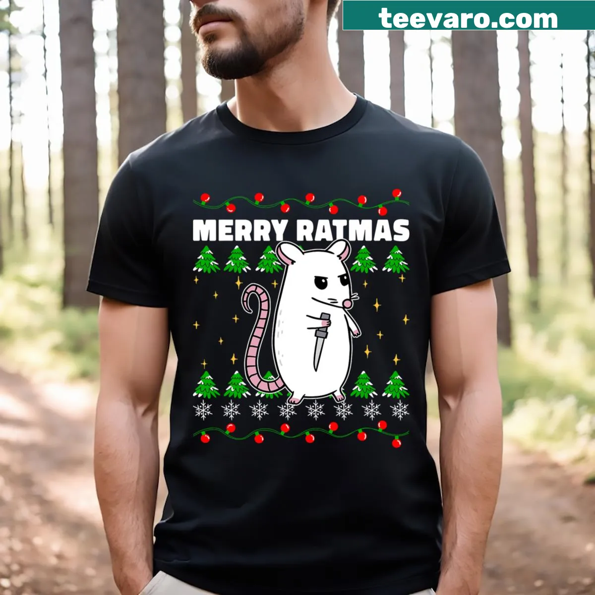 Funny Christmas shirt with cartoon rats in holiday attire. — on a men's t-shirt