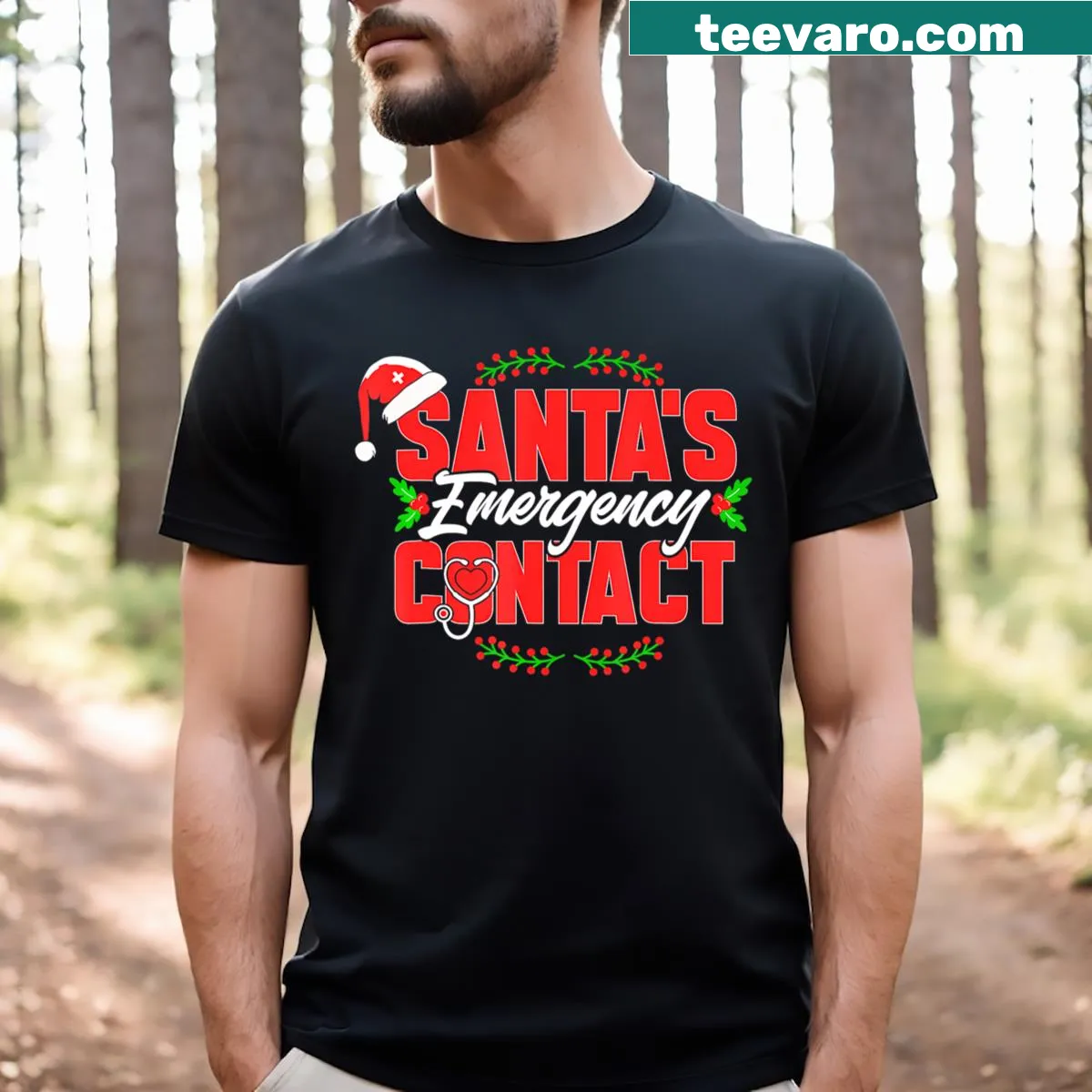 Christmas nurse shirt with Santa as emergency contact text — on a men's t-shirt