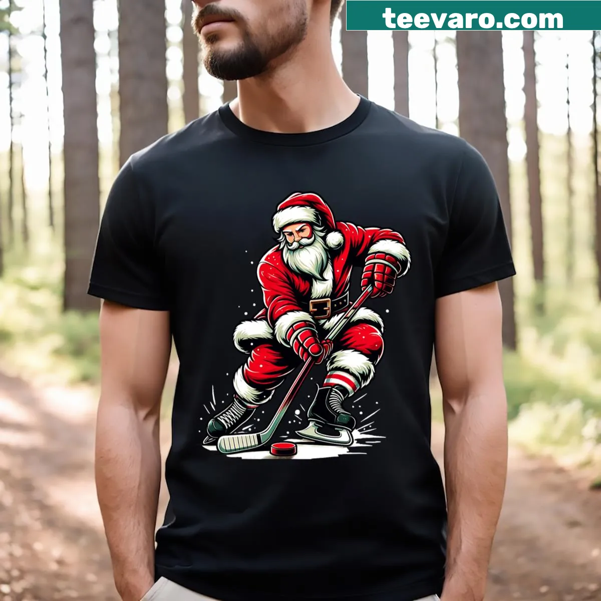 Vintage Santa playing ice hockey graphic t-shirt — on a men's t-shirt
