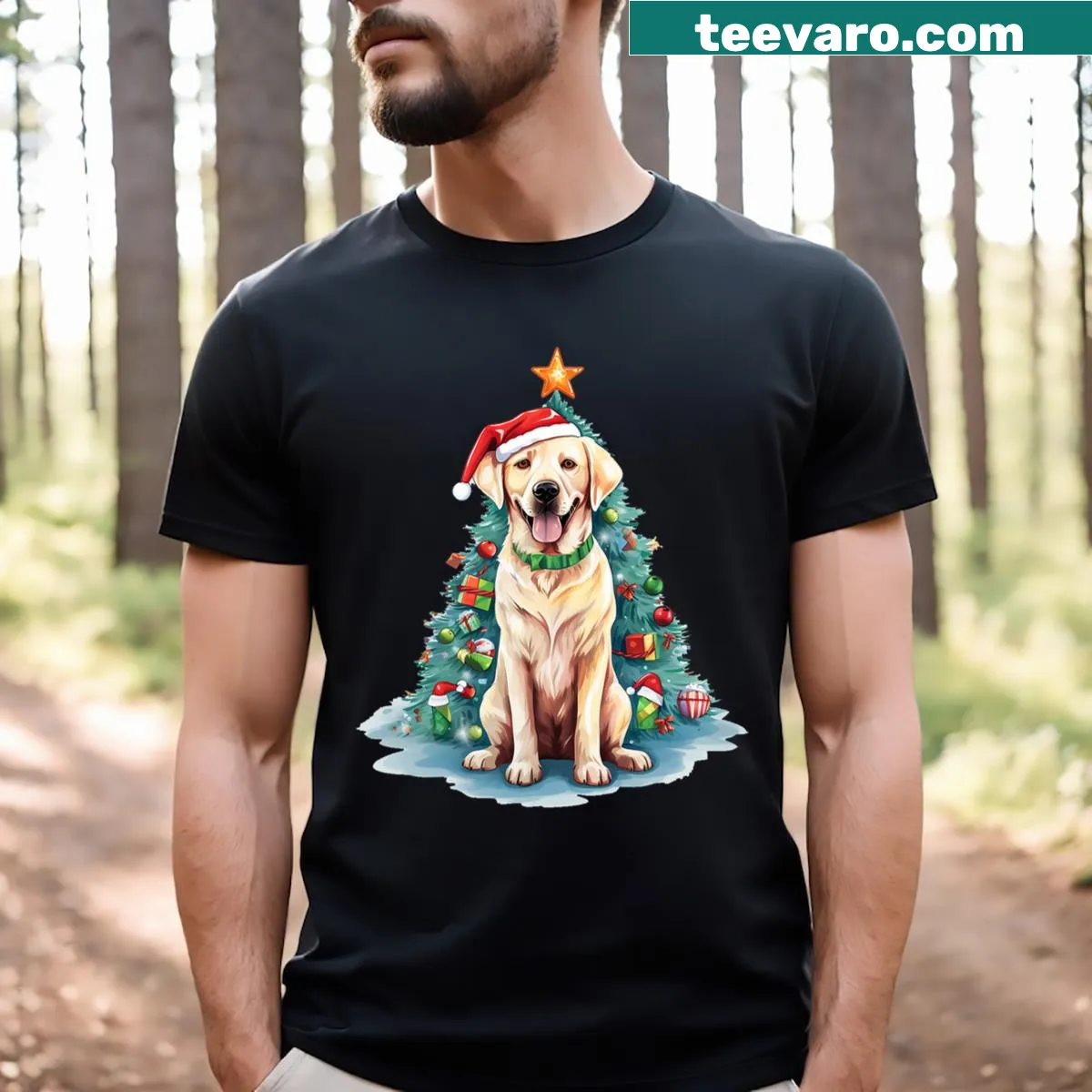 Labrador Retriever Christmas tree graphic t-shirt — on a men's t-shirt