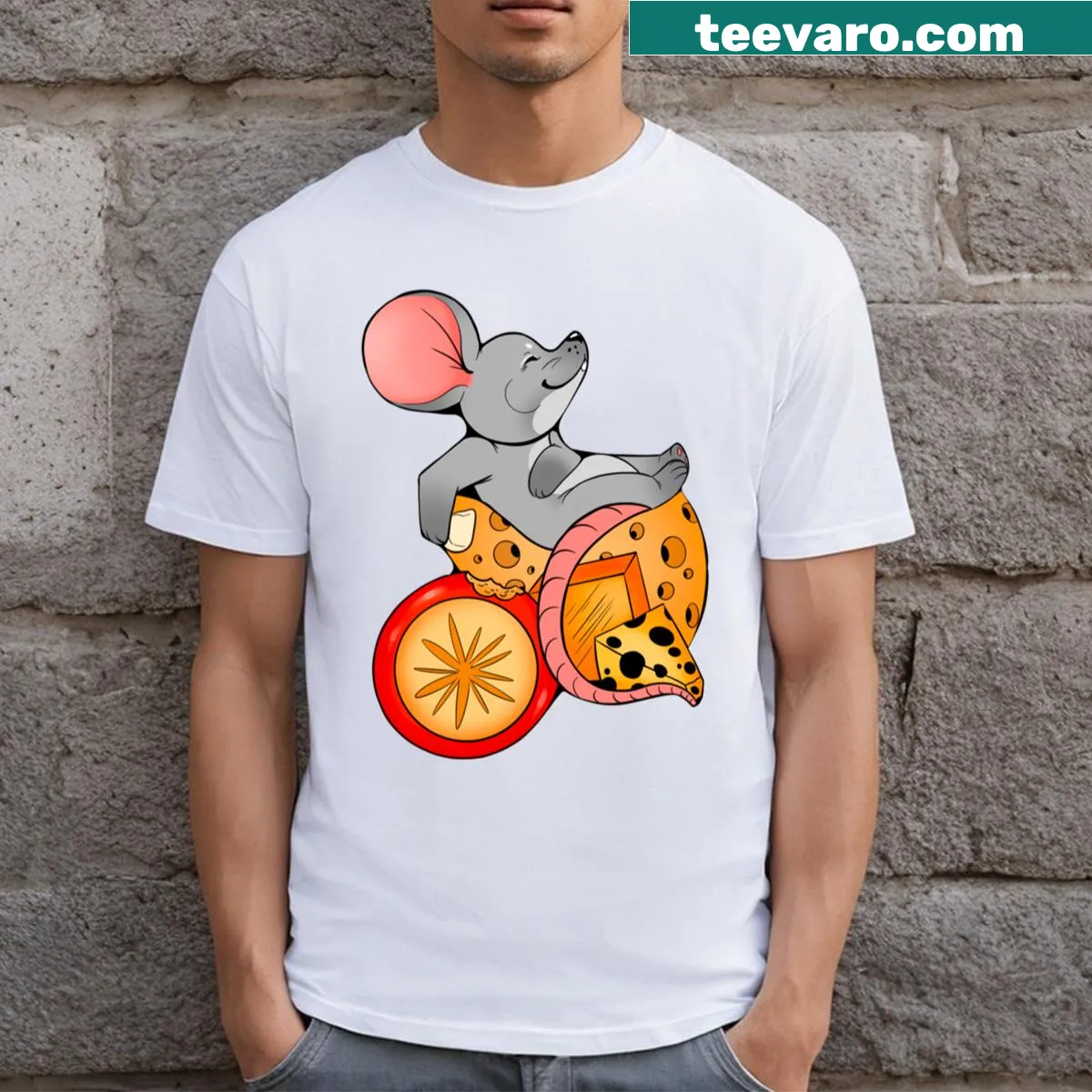 Cute mouse cartoon on cheese throne design on t-shirt for kids — on a men's t-shirt