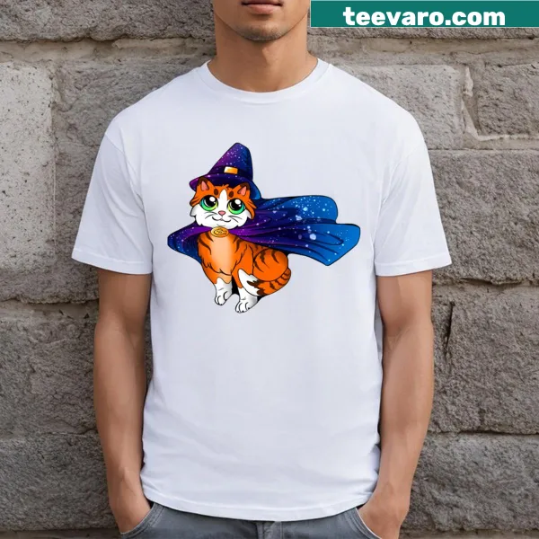 Whimsical t-shirt featuring wizard kitty illustration