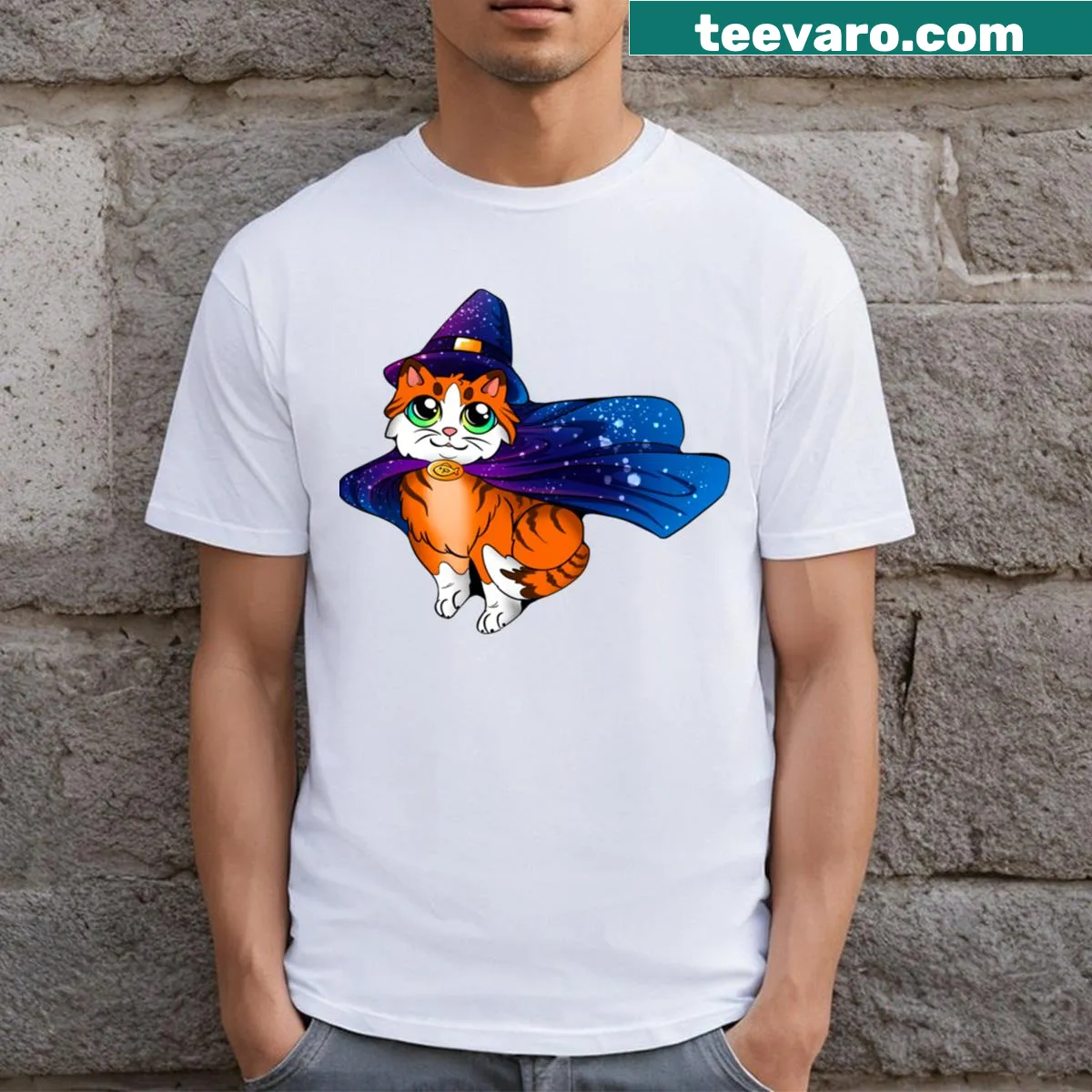 Whimsical t-shirt featuring wizard kitty illustration — on a men's t-shirt