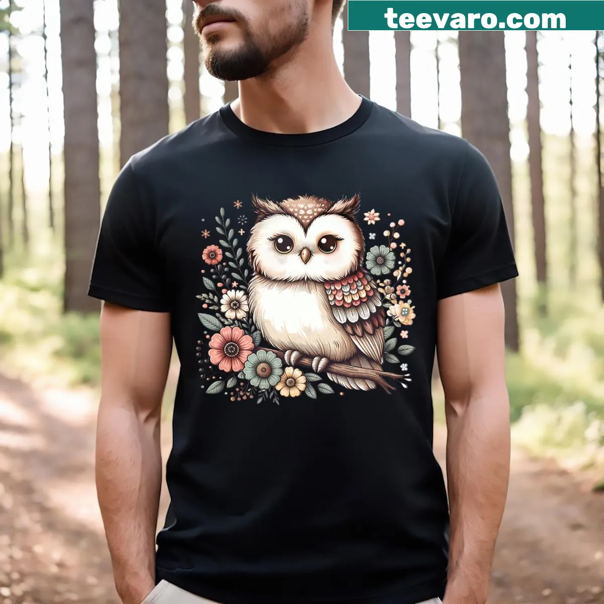 Cottagecore aesthetic t-shirt featuring an illustration of an owl — on a men's t-shirt