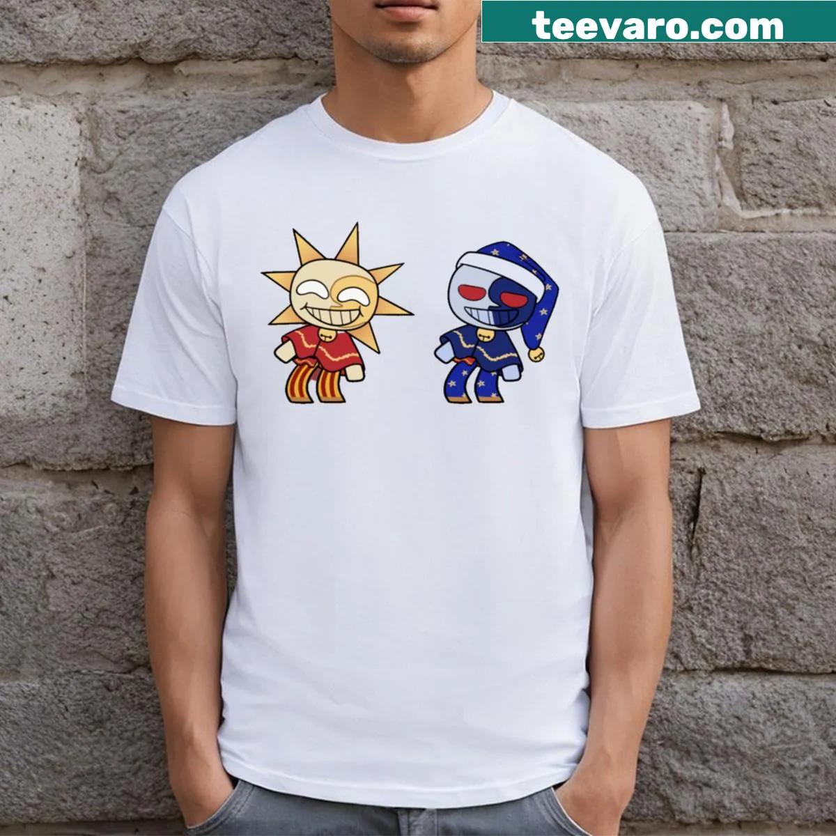 Adorable sun and moon characters from FNAF on a t-shirt — on a men's t-shirt