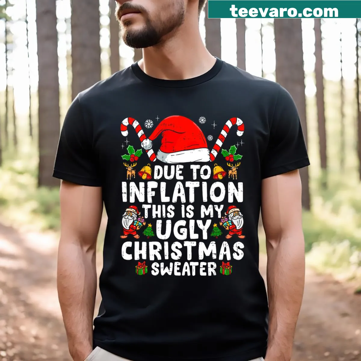 Funny Christmas t-shirt with inflation-themed design — on a men's t-shirt
