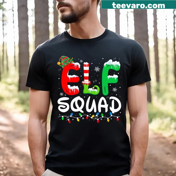 Cute Christmas T-shirt featuring an elf family design