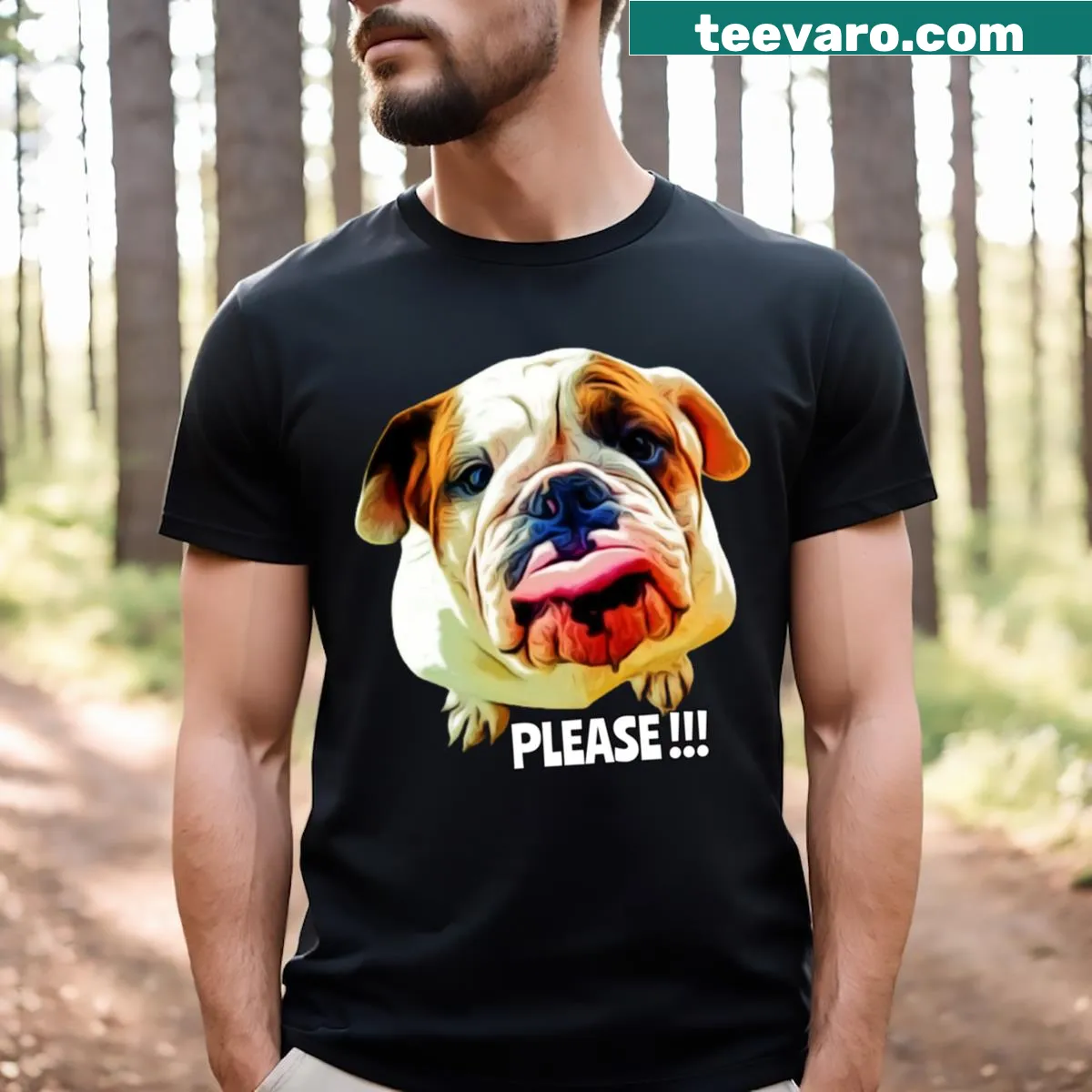 Cute t-shirt featuring an English Bulldog with tongue out — on a men's t-shirt